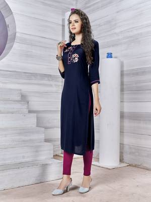 Dark-blue embroidered rayon party-wear-kurtis 3