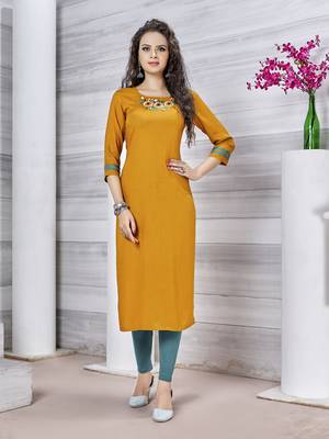 Yellow embroidered rayon party-wear-kurtis 1