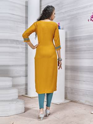Yellow embroidered rayon party-wear-kurtis 4