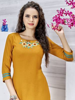 Yellow embroidered rayon party-wear-kurtis 5