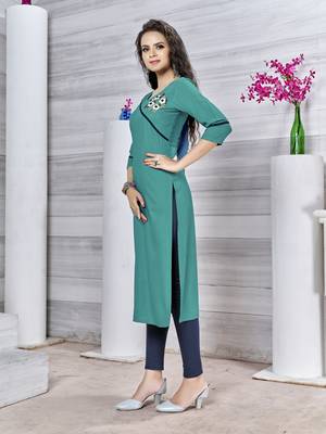 Teal-blue embroidered rayon pakistani-kurtis 3