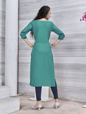 Teal-blue embroidered rayon pakistani-kurtis 4