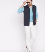 Blue plain woolen blends nehru jacket