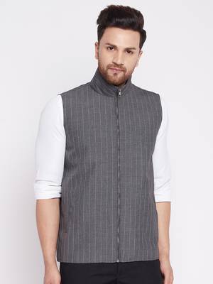 Grey plain woolen blends nehru jacket 1