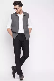 Grey plain woolen blends nehru jacket