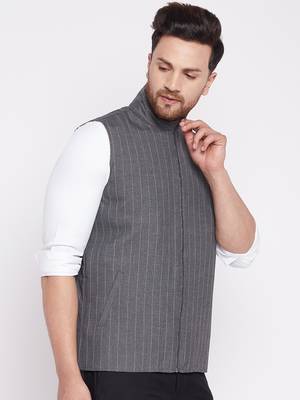 Grey plain woolen blends nehru jacket 3