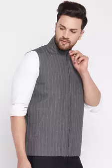 Grey plain woolen blends nehru jacket