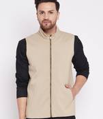 Beige plain woolen blends nehru jacket