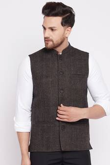Brown plain wool nehru jacket