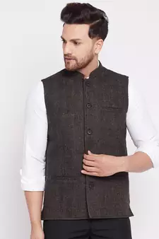Brown plain wool nehru jacket