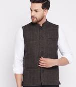 Brown plain wool nehru jacket