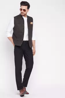 Brown plain wool nehru jacket