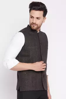 Brown plain wool nehru jacket