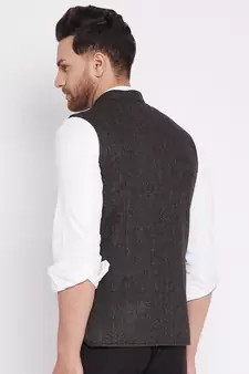 Brown plain wool nehru jacket