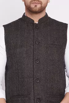 Brown plain wool nehru jacket