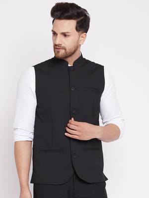 Black plain woolen blends nehru jacket 1