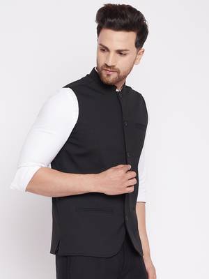 Black plain woolen blends nehru jacket 3