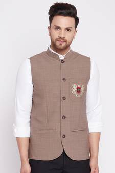 Brown plain woolen blends nehru jacket