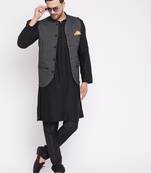 Black plain woolen blends nehru jacket