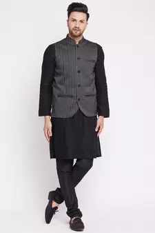 Black plain woolen blends nehru jacket