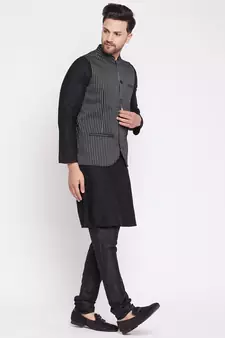 Black plain woolen blends nehru jacket