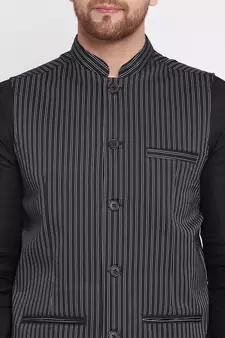 Black plain woolen blends nehru jacket