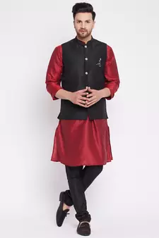 Black plain dupion nehru jacket