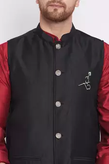 Black plain dupion nehru jacket