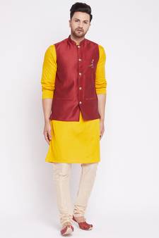Maroon plain dupion nehru jacket
