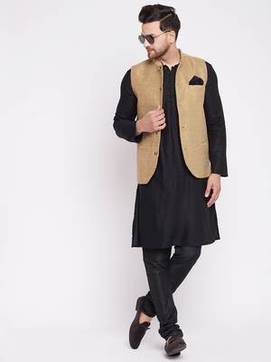 Beige plain velvet nehru jacket 1