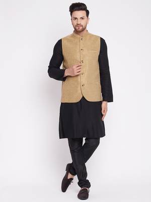 Beige plain velvet nehru jacket 2