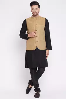 Beige plain velvet nehru jacket