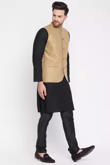 Beige plain velvet nehru jacket