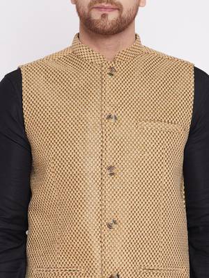 Beige plain velvet nehru jacket 5