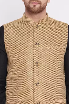 Beige plain velvet nehru jacket