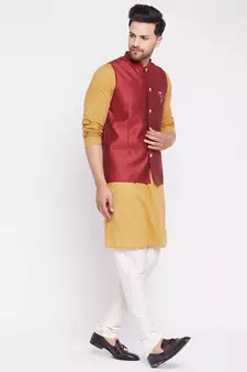 Maroon plain dupion nehru jacket