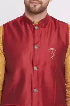 Maroon plain dupion nehru jacket