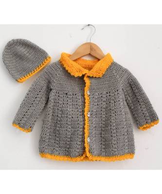 Woonie Handmade Crochet Grey Cardigan with Orange Border for Kids 1