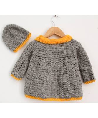 Woonie Handmade Crochet Grey Cardigan with Orange Border for Kids 2