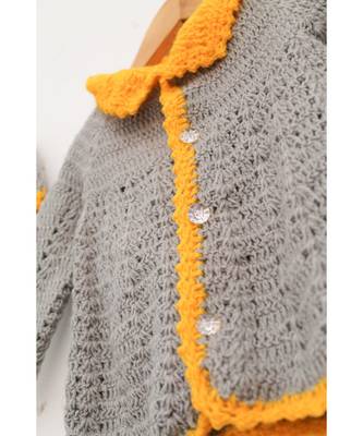 Woonie Handmade Crochet Grey Cardigan with Orange Border for Kids 4