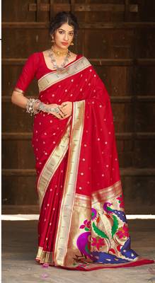 Red woven banarasi silk saree with blouse 1