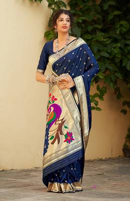 navy blue woven banarasi silk saree with blouse 1