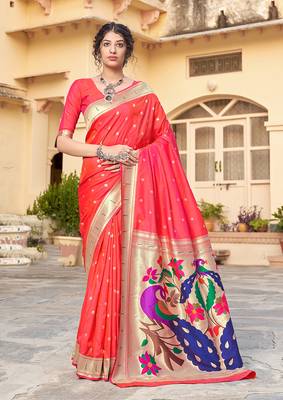 light red woven banarasi silk saree with blouse 1