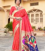 light red woven banarasi silk saree with blouse