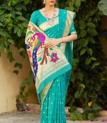 Turquoise woven banarasi silk saree with blouse