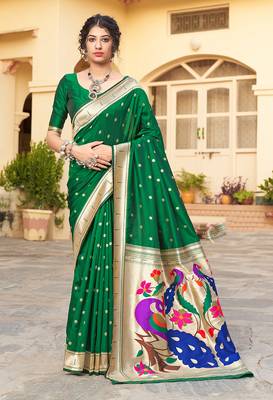 Green woven banarasi silk saree with blouse 1