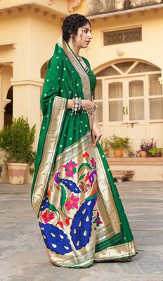 Green woven banarasi silk saree with blouse 2