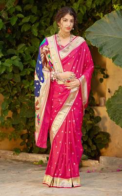 rani pink woven banarasi silk saree with blouse 1
