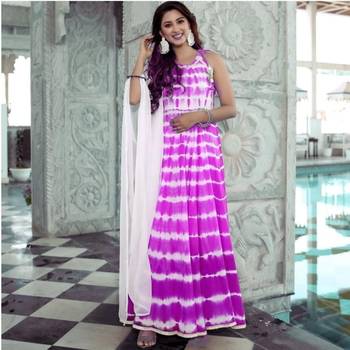 cotton ethnic shibori print full flaired gown with chiffon dupatta pink color 1