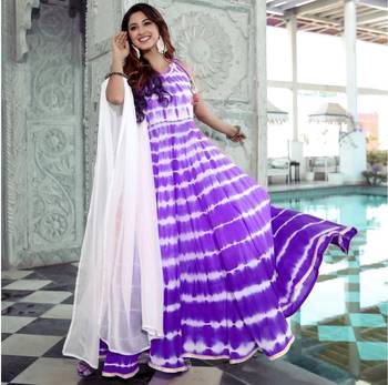 cotton ethnic shibori print full flaired gown with chiffon dupatta Purple 1